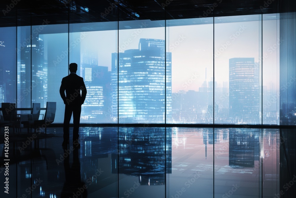 Fototapeta premium Businessman silhouette contemplates urban panorama through large window in modern office reflecting city lights at dusk