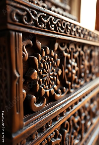 close up of a carved wooden cabinet