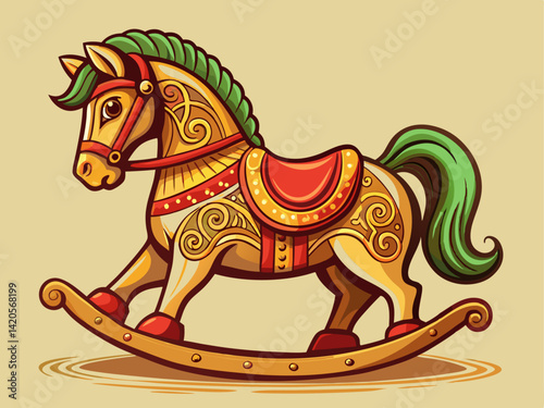 A professional vector of a classic children’s rocking horse with carved details and warm tones, placed on a solid cream background