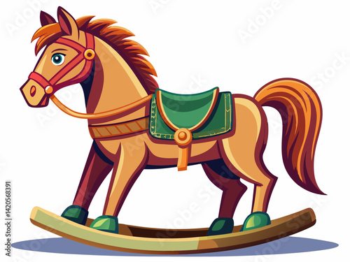 A high-quality vector illustration of a vintage wooden rocking horse with a curved base and saddle, isolated on a white background