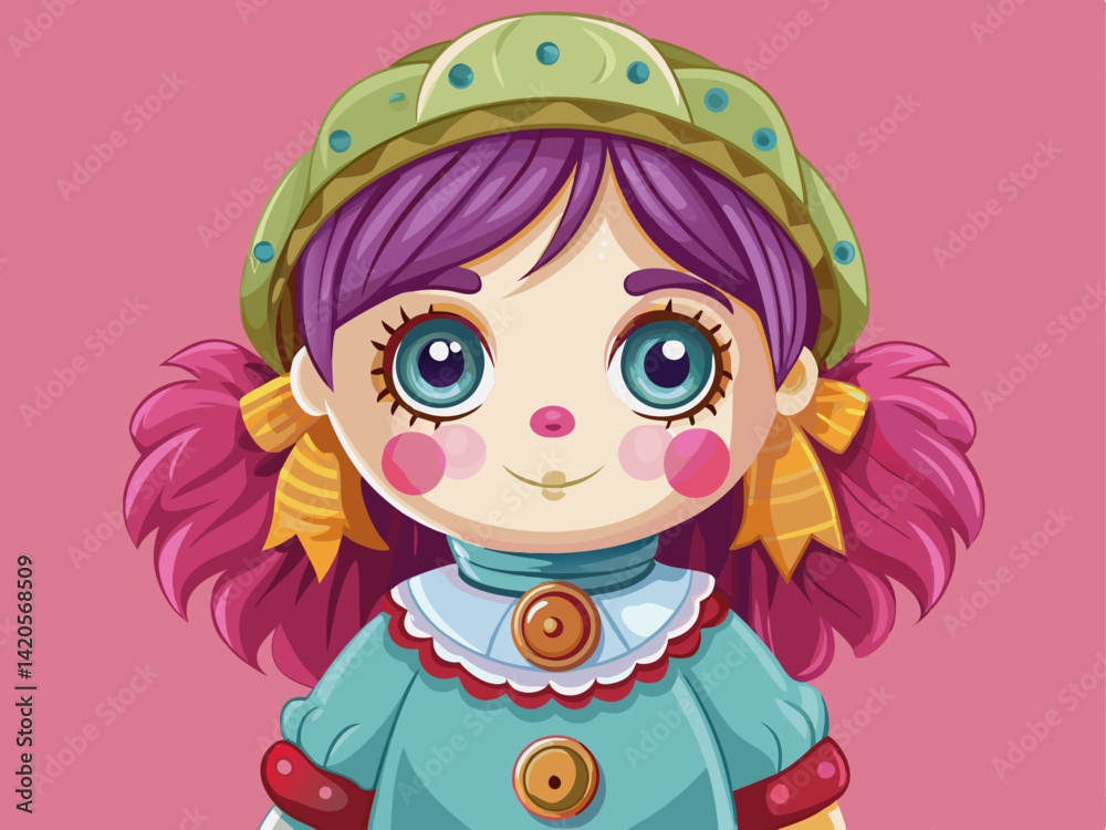 Fototapeta premium A professional vector of a soft vintage rag doll with button eyes and pastel clothes, placed on a solid pink background