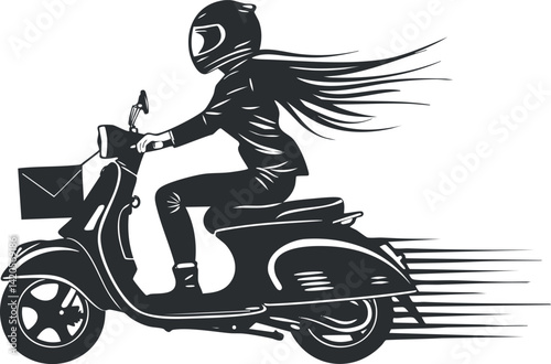 A dynamic illustration of a female rider on a scooter, showcasing speed and freedom.