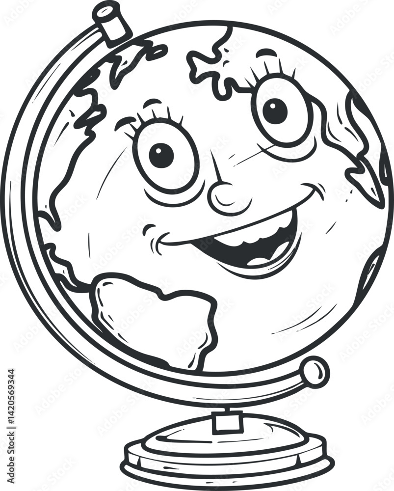 A cheerful cartoon globe character with a smiling face representing earth for educational purposes. A cheerful cartoon globe character with a smiling face representing earth for educational purposes.
