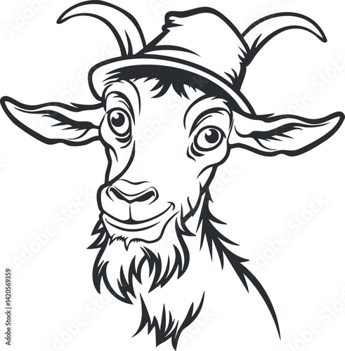 A playful illustration of a goat's head wearing a hat showcasing its distinctive horns.