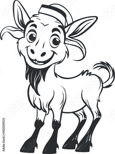 A cheerful cartoon goat character with a playful expression and a whimsical style.