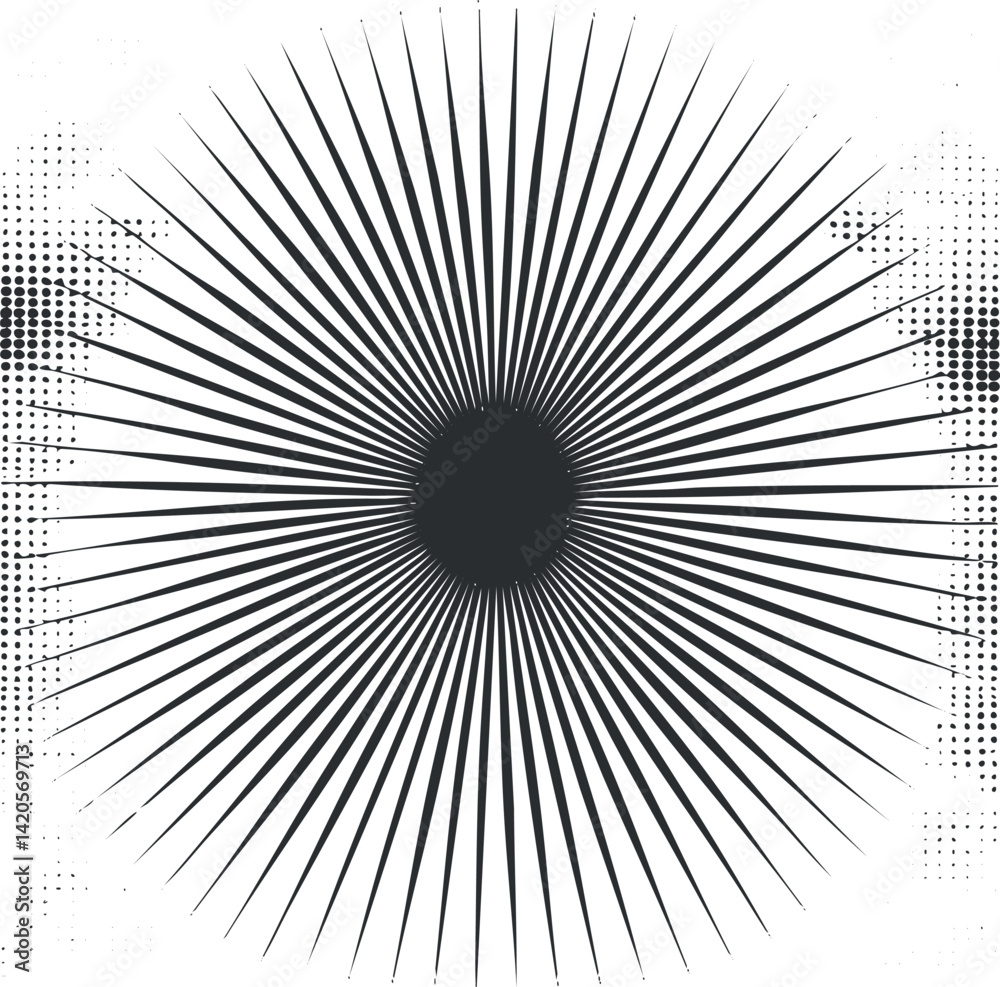 Naklejka premium An abstract starburst design featuring black rays radiating from a central point on a white background.