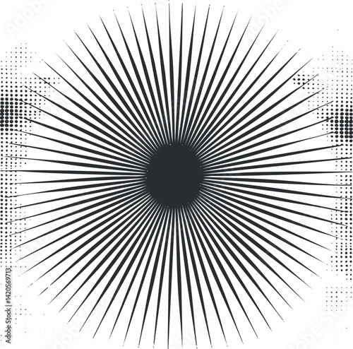 An abstract starburst design featuring black rays radiating from a central point on a white background.