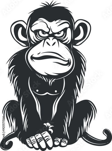 Stylized black and white illustration of a monkey with a humorous expression sitting.
