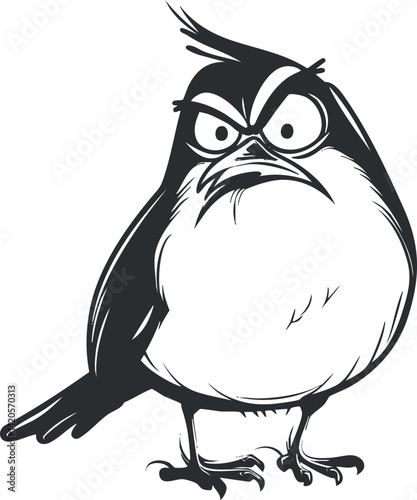 An illustrated angry bird character with a humorous expression and cartoonish style.