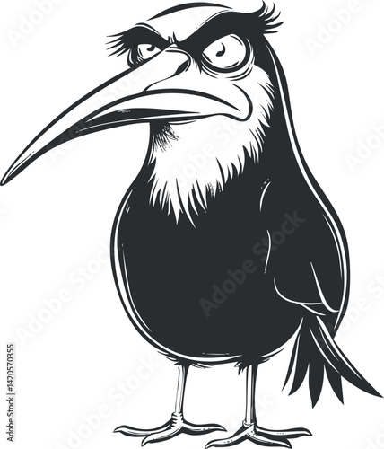 A stylized cartoon illustration of an angry bird with exaggerated features and expression