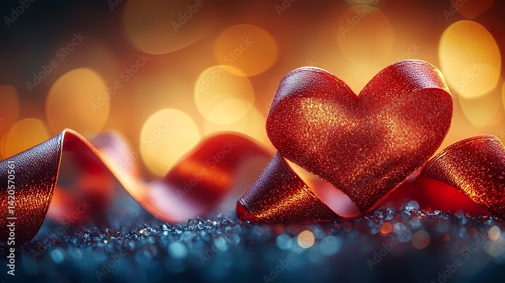 Fototapeta premium Close-up of curled ribbon forming heart shapes with warm vintage lighting and heart-shaped bokeh effect 
