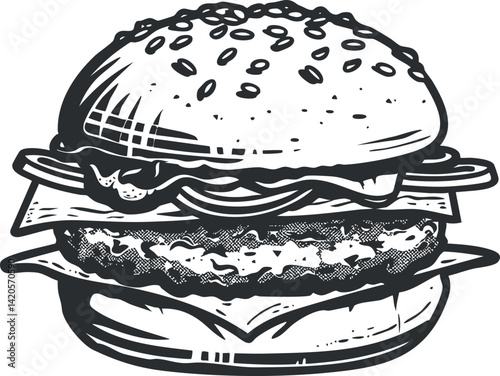 A detailed illustration of a classic hamburger featuring a sesame seed bun and toppings.