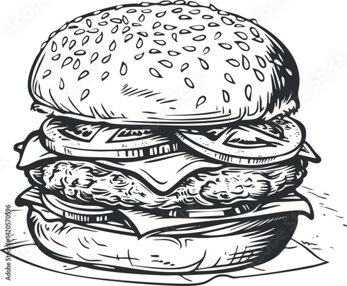 A detailed illustration of a delicious hamburger with lettuce, tomato, cheese, and a sesame seed bun.