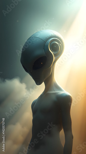 Alien Encounter Under Starry Sky with Futuristic Spaceship