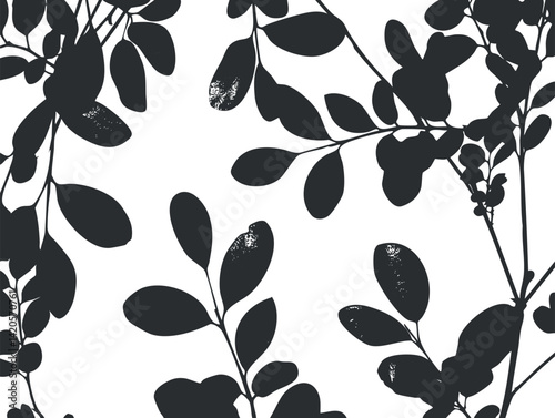 Black silhouette leaves pattern on a white background ideal for modern decor and design.