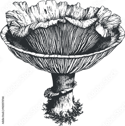 A detailed black and white illustration of a mushroom highlighting its unique structure and texture.