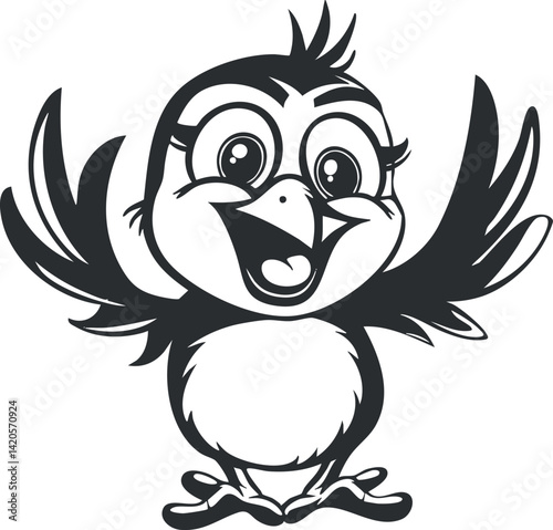 A cheerful cartoon bird with big eyes and outstretched wings, perfect for children's illustrations.