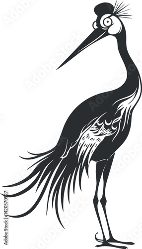 Stylized illustration of a graceful crane bird with intricate feather details in black and white.