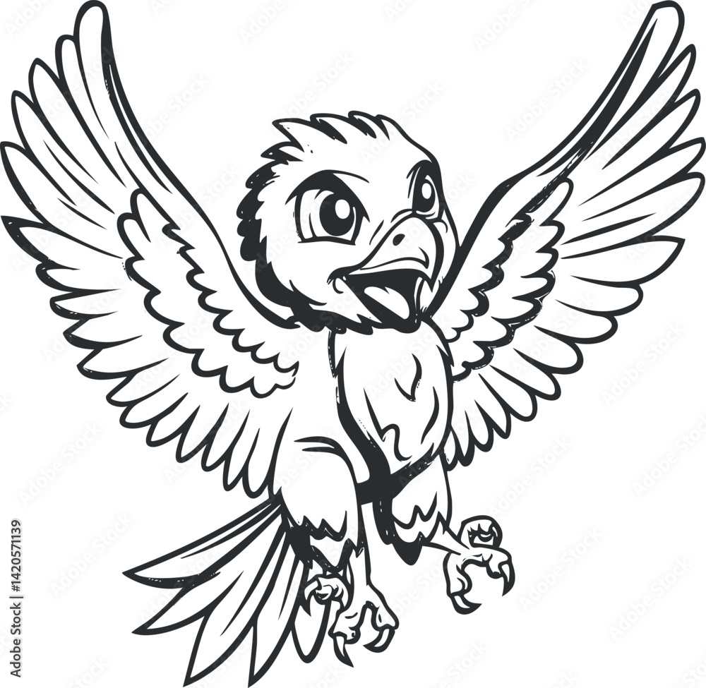 Obraz premium A stylized illustration of a soaring bird with wings spread wide in black and white.