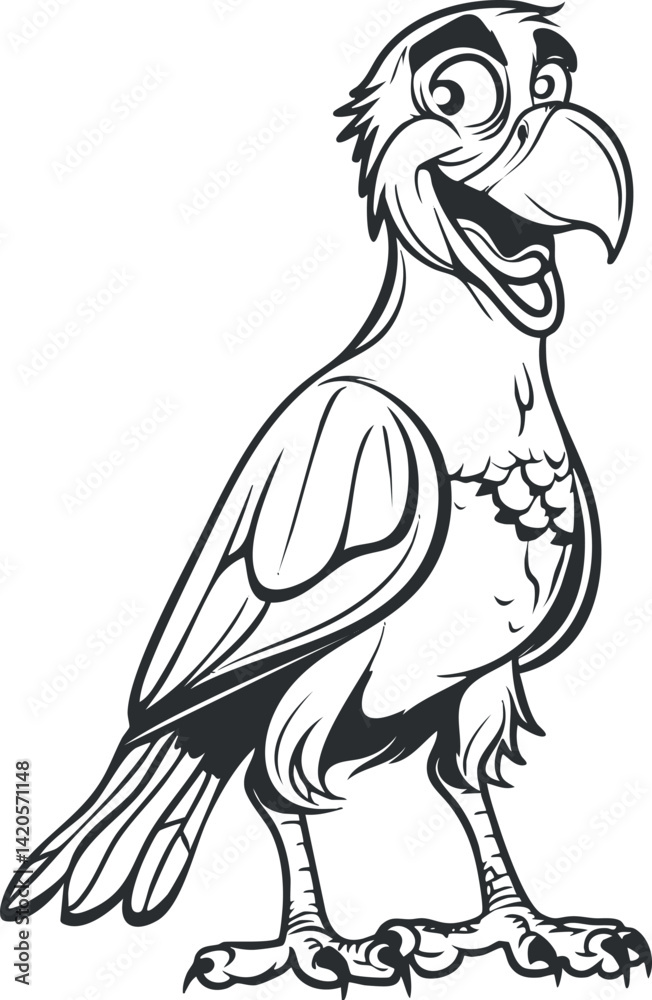 Fototapeta premium Playful cartoon vulture character with a silly expression and exaggerated features in black and white.