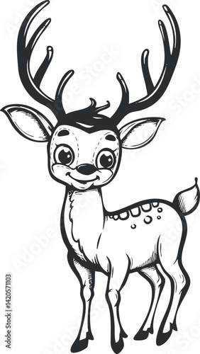 A cute cartoon deer character with antlers, smiling and playful, perfect for children's illustrations.