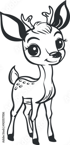 A cute cartoon fawn standing playfully with a charming expression and small antlers.