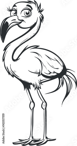 A whimsical illustration of a flamingo in a playful cartoon style, showcasing its unique features.