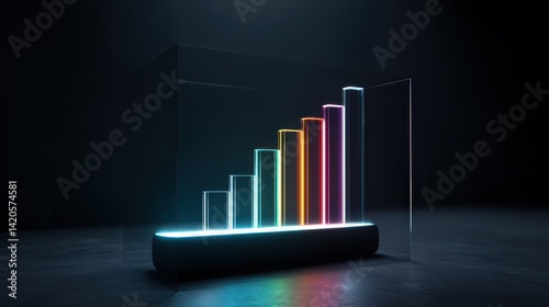 Neon crystal bar graph ascending on a sleek glass platform