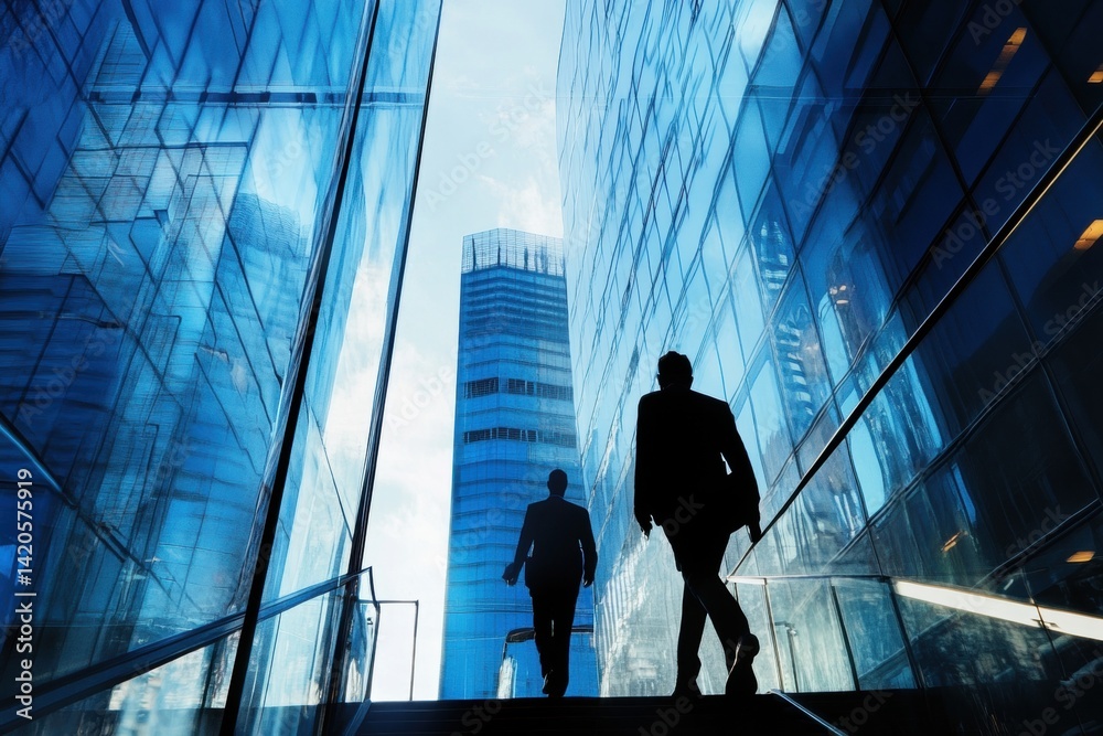 Silhouette of two men walking on stairs among modern glass skyscrapers, business and architecture Silhouette of two men walking on stairs among modern glass skyscrapers, business and architecture