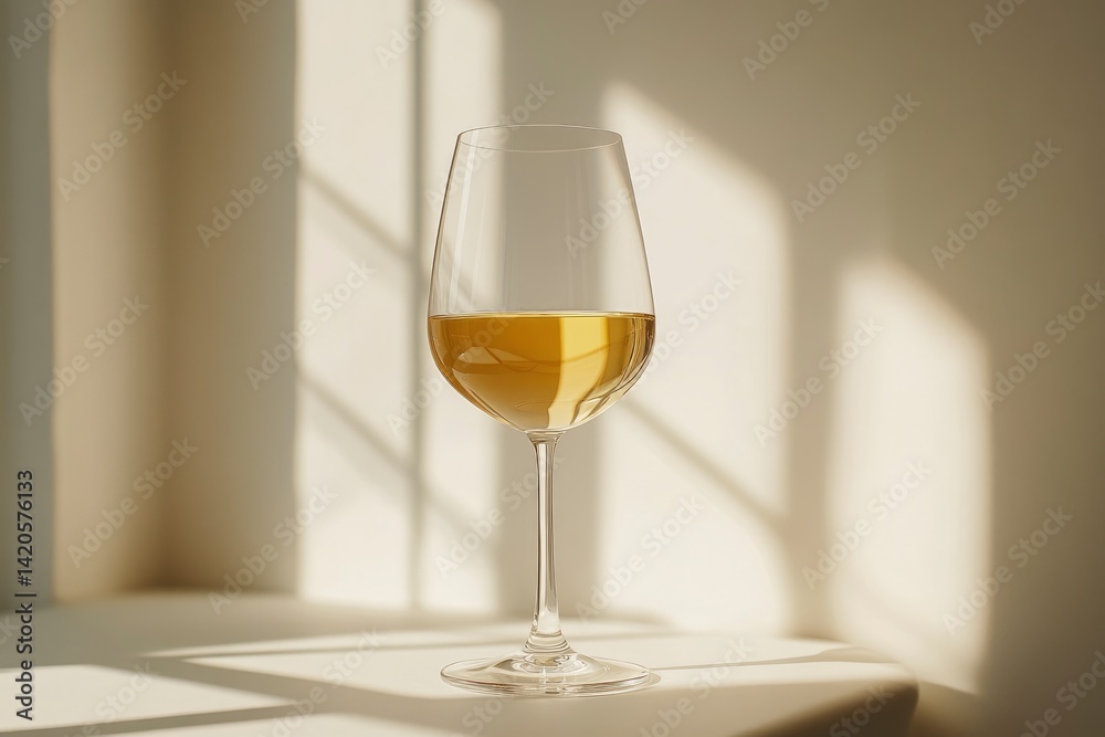 Glass of White Wine on Table with Light and Shadow Glass of White Wine on Table with Light and Shadow