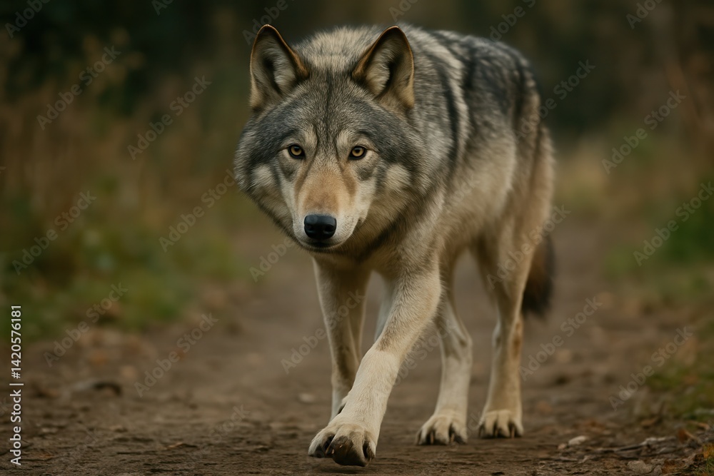 Fototapeta premium Gray Wolf Walking on Dirt Road in Forest