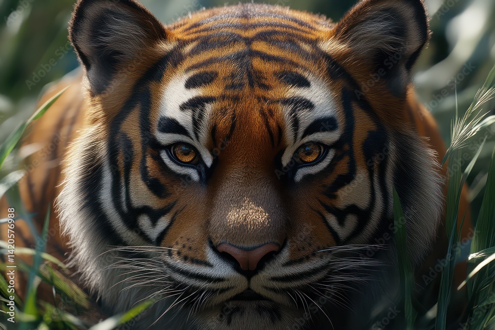 Fototapeta premium Intense Gaze of a Wild Feline Predator in Natural Habitat CloseUp Portrait of a Striped Big C