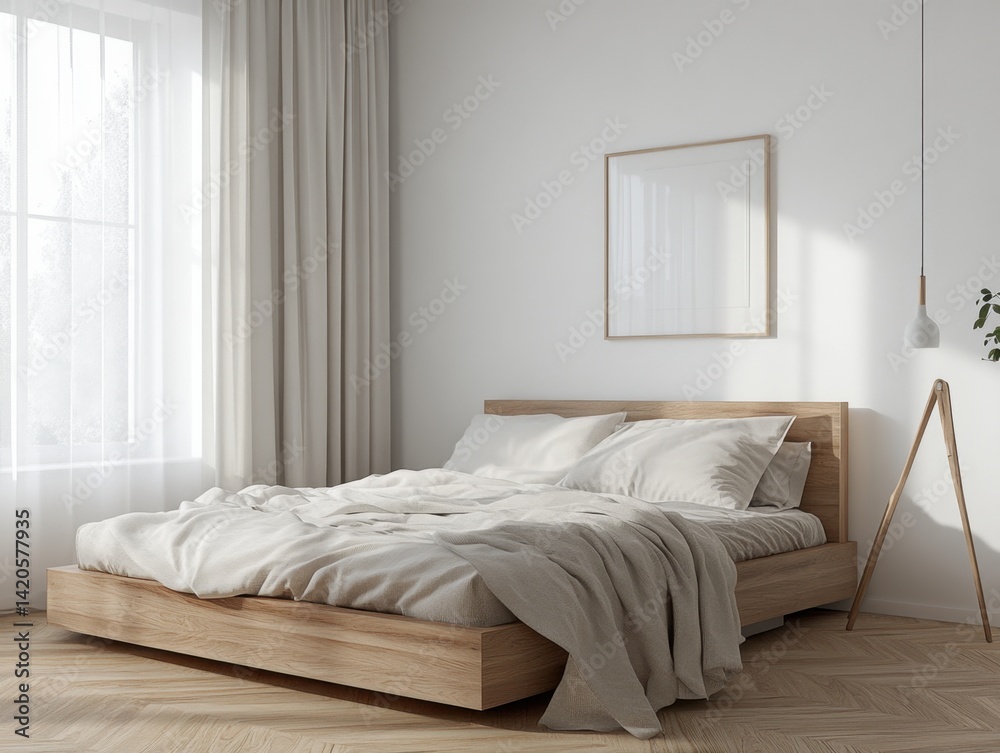 A bed with a white comforter and a white pillow. A picture frame hangs on the wall A bed with a white comforter and a white pillow. A picture frame hangs on the wall