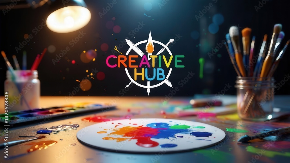 Vibrant art studio workspace with colorful paint splatters, brushes, and palette under warm lighting, featuring the text Creative Hub