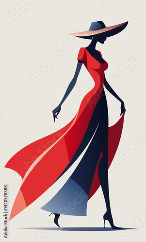 This image features a minimalist illustration of a woman in a red gown with a flowing silhouette, complemented by a wide-brimmed hat. 