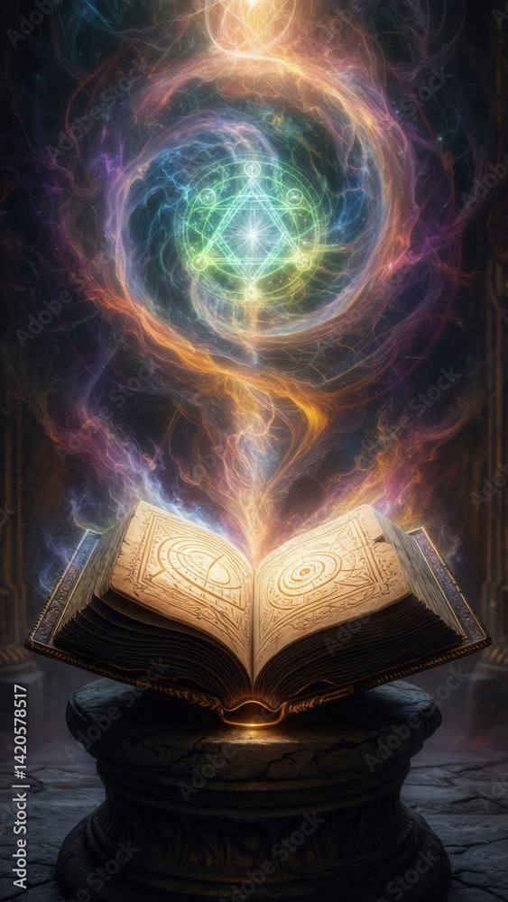 Magical ancient book on a pedestal with glowing runes and swirling colorful energy in a mystical dark setting