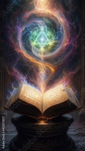 Obraz na płótnie Magical ancient book on a pedestal with glowing runes and swirling colorful energy in a mystical dark setting w salonie