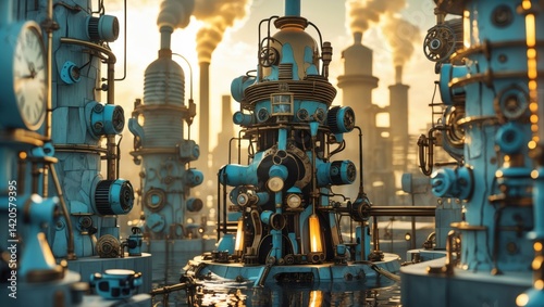Obraz na płótnie Futuristic steampunk industrial machinery with pipes and gears in a factory setting during sunset w salonie
