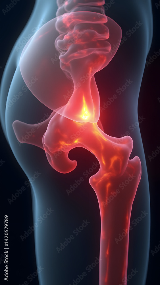 Naklejka premium A pulled-off trochanter fracture glowing titanium/pink. Perfect for muscle-bone interaction studies.