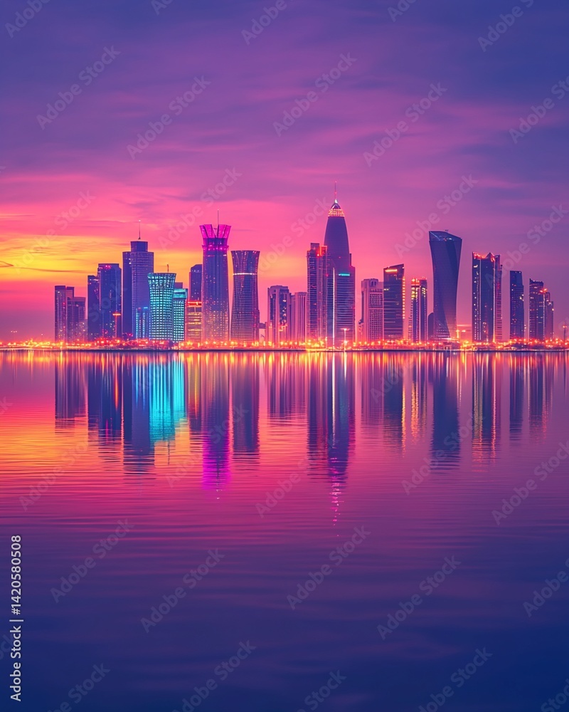 Fototapeta premium Doha Skyline at Dawn with Water Reflection