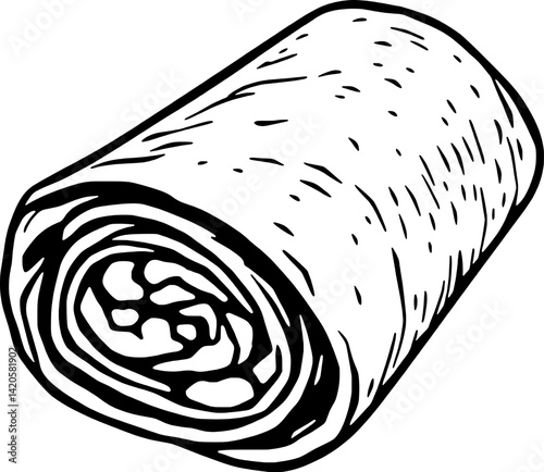 Hand-Drawn Illustration Of A Rolled Food Item Possibly A Burrito Or Similar Cuisine