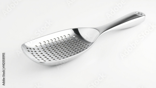 Close up of a stainless steel skimmer spoon with small holes on a white background surface view created with generated ai