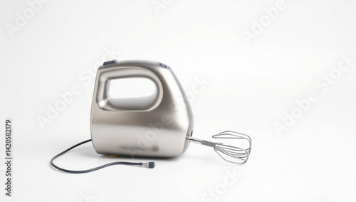 A close up of a silver hand mixer with beaters and a black cord on a white surface backdrop image created with generated ai