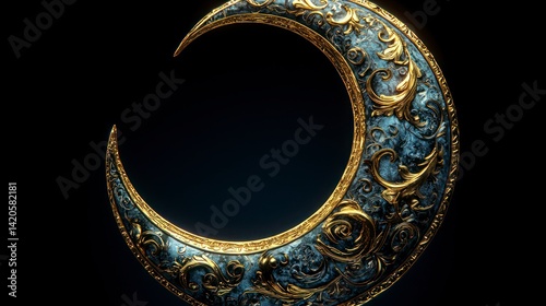Ornate crescent moon with gold details, blue pattern