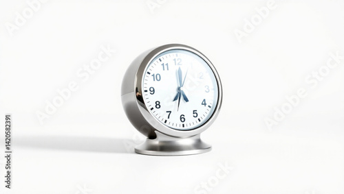 Close up shot of a silver alarm clock displaying a time just before twelve o'clock on a white background created with generated ai