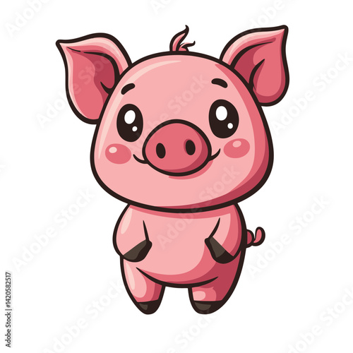 Cute piglet character designed in a simple flat style with cheerful expression and rounded features appeals to children and animal lovers alike