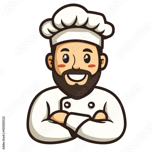 Cartoon chef icon depicting a smiling figure in a uniform with crossed arms, representing culinary expertise in a fun style