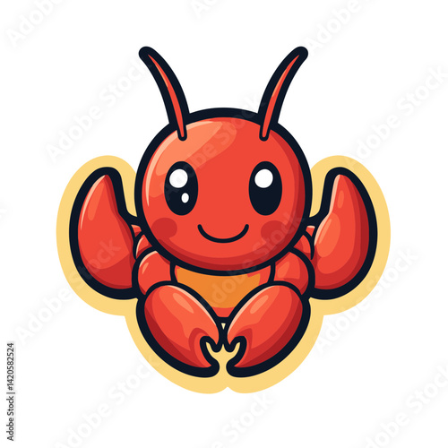 Cute cartoon lobster smiling happily in a simple flat design with bright red color and friendly expression