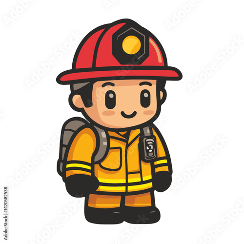Firefighter cartoon icon representing bravery and service in emergency situations during day or night
