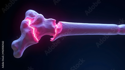 A double humerus fracture glowing titanium/purple with ischemic risk. Ideal for vascularized bone grafting. photo
